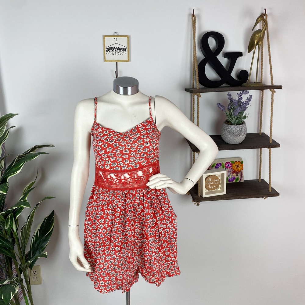 Topshop Red Floral Lace Waist Sun Dress